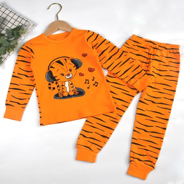 

Toddler Girls Cartoon Tiger Print Pajama Set, Orange