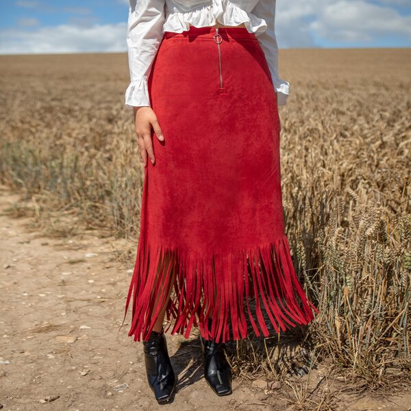 

Plus O-ring Zipper Fly Fringe Hem Suede Skirt, Rusty rose
