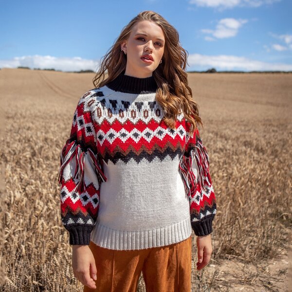 

Plus Fringe Trim File Island Sweater, Multicolor