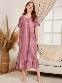 Striped & Heart Print Ruffle Hem Pajama Night Dress Long Dress - Dusty Pink - View 3