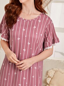 Striped & Heart Print Ruffle Hem Pajama Night Dress Long Dress - Dusty Pink - View 5