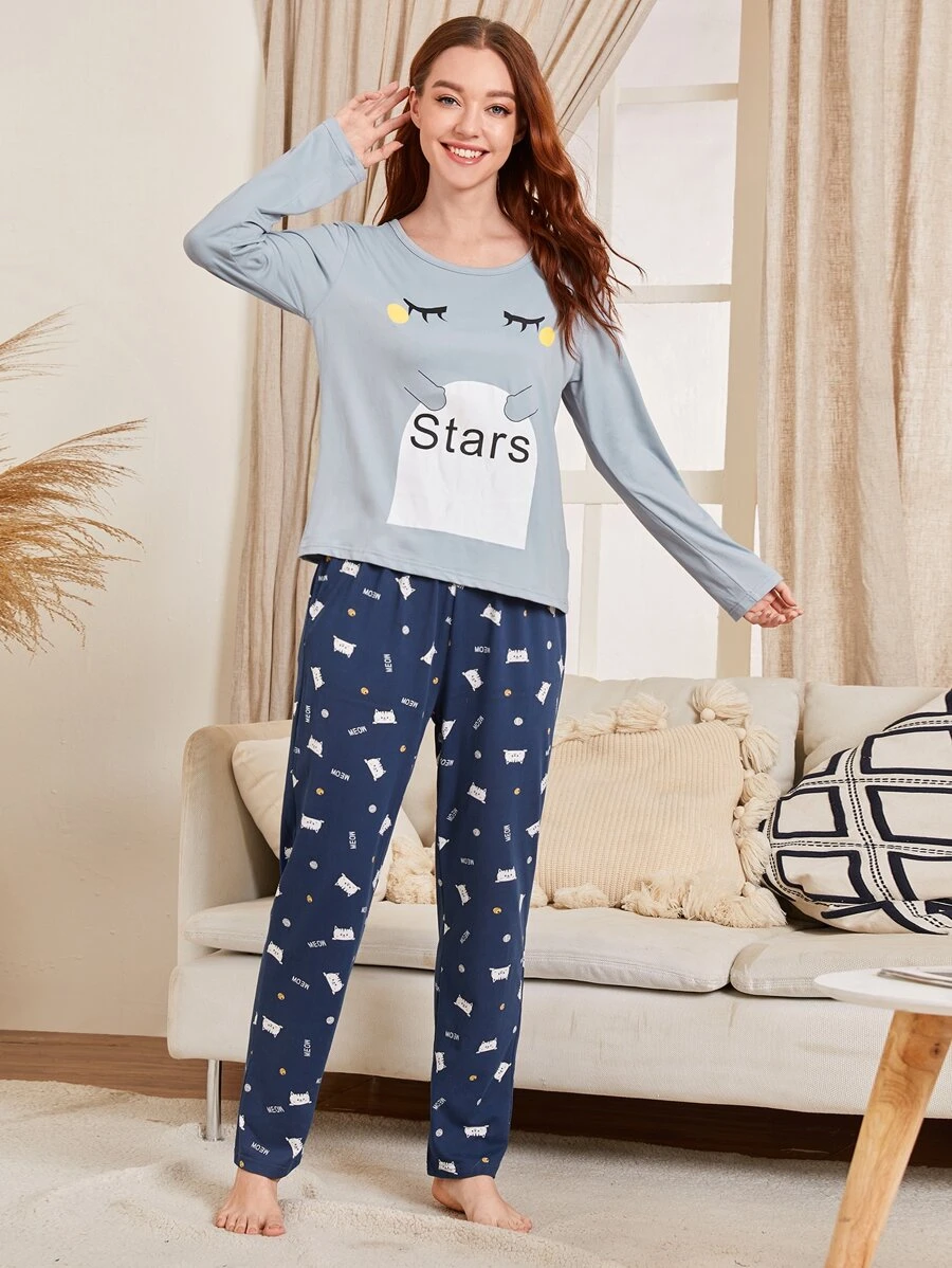 Cartoon & Letter Graphic PJ Set - Multicolor - View 1