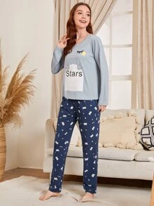 Cartoon & Letter Graphic PJ Set - Multicolor - View 3
