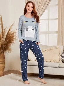 Cartoon & Letter Graphic PJ Set - Multicolor - View 4