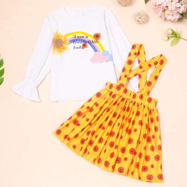 

Toddler Girls Floral And Slogan Graphic Tee With Pinafore Skirt Set, Multicolor