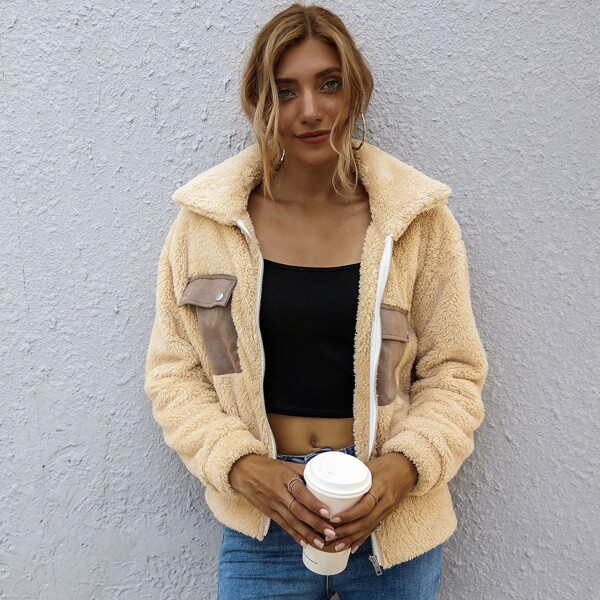 

Pocket Patched Zip Up Teddy Jacket, Khaki