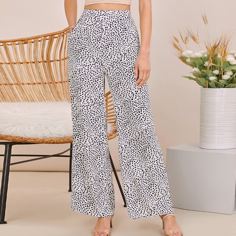 

Fold Pleated Detail Wide Leg Allover Print Pants, Black and white