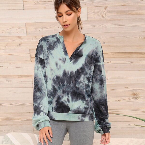 

Button Half Placket Tie Dye Pullover, Multicolor