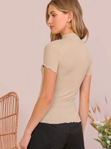 SHEIN Clasi Mock-Neck Rib-knit Lettuce Trim Top - Khaki - View 2