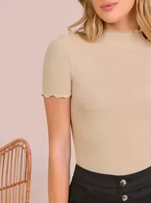 SHEIN Clasi Mock-Neck Rib-knit Lettuce Trim Top - Khaki - View 5