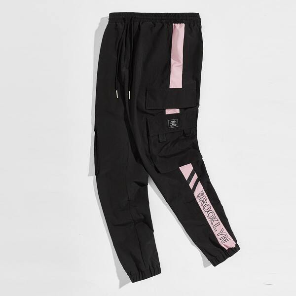 

Men Patch Detail Flap Pocket Letter Side Seam Cargo Pants, Black