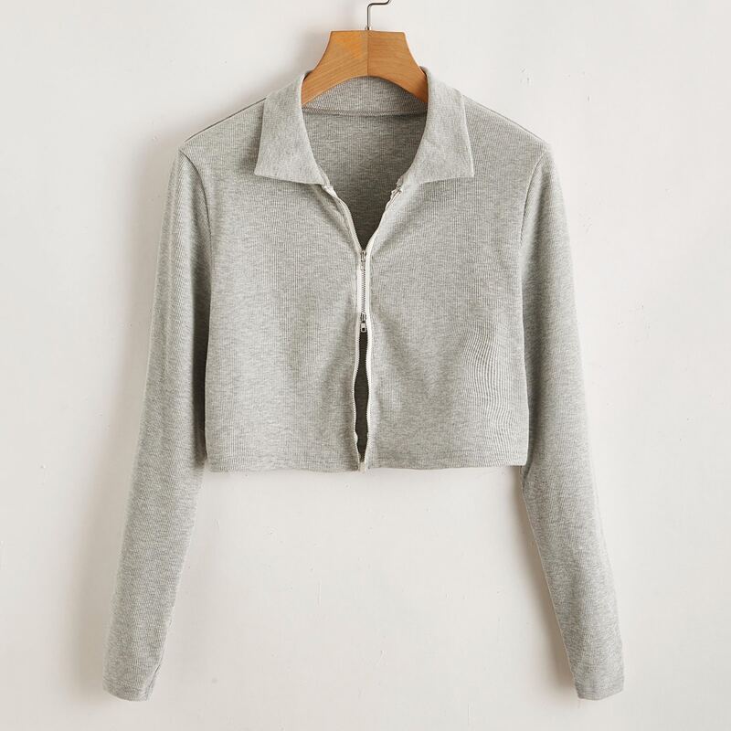 

Zip Up Ribbed Crop Tee, Light grey