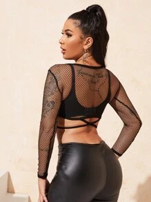 SHEIN Crisscross Hem Sheer Mesh Crop Top Without Bra - Black - View 2