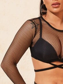 SHEIN Crisscross Hem Sheer Mesh Crop Top Without Bra - Black - View 3