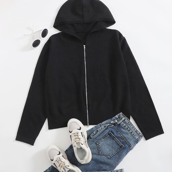 

Plus Solid Zip Up Hooded Cardigan, Black