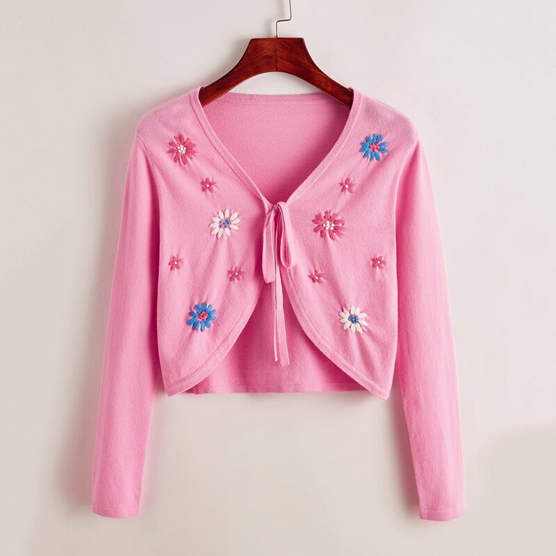 

Floral Tie Front Crop Cardigan, Pink