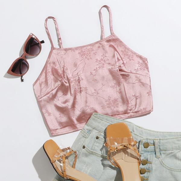 

Floral Jacquard Shirred Cami Top, Pastel baby pink