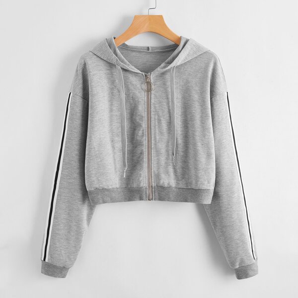 

Striped Tape Side Zip Up Hoodie, Light grey