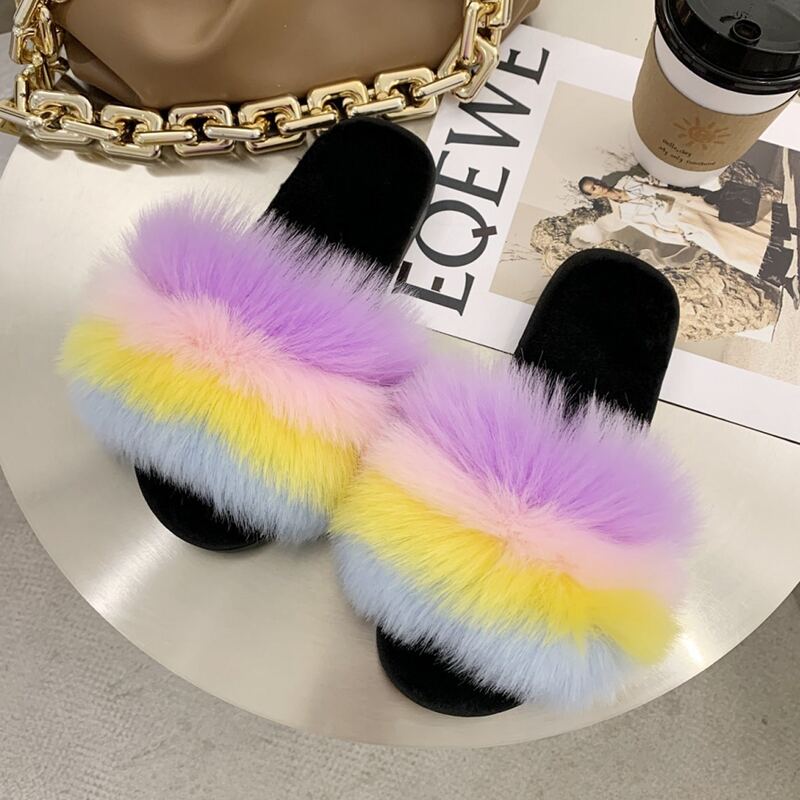 

Colorblock Striped Fluffy Slippers, Multicolor