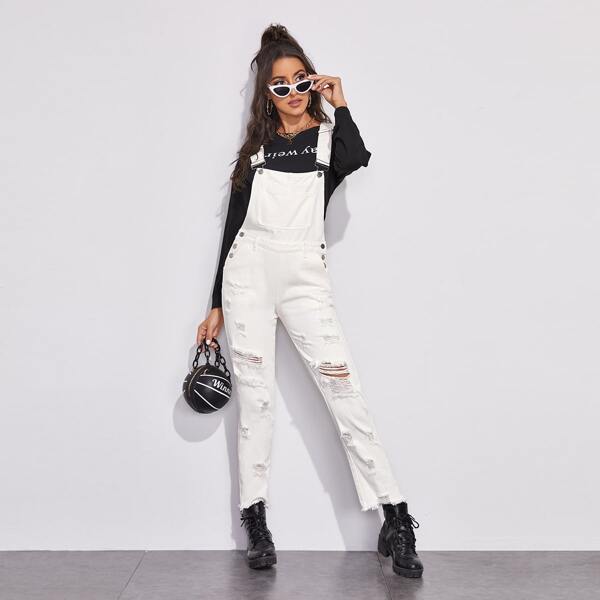 

Raw Hem Ripped Button Side Denim Overalls, White