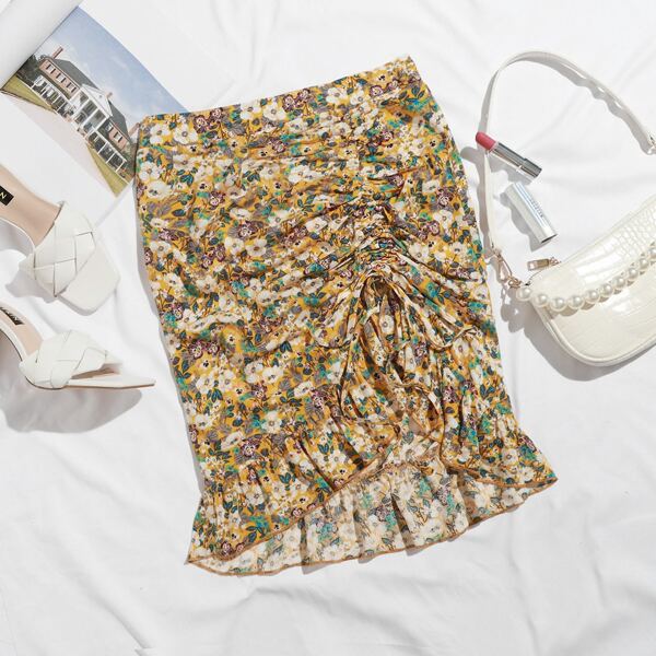 

Drawstring Ruched Floral Print Skirt, Multicolor