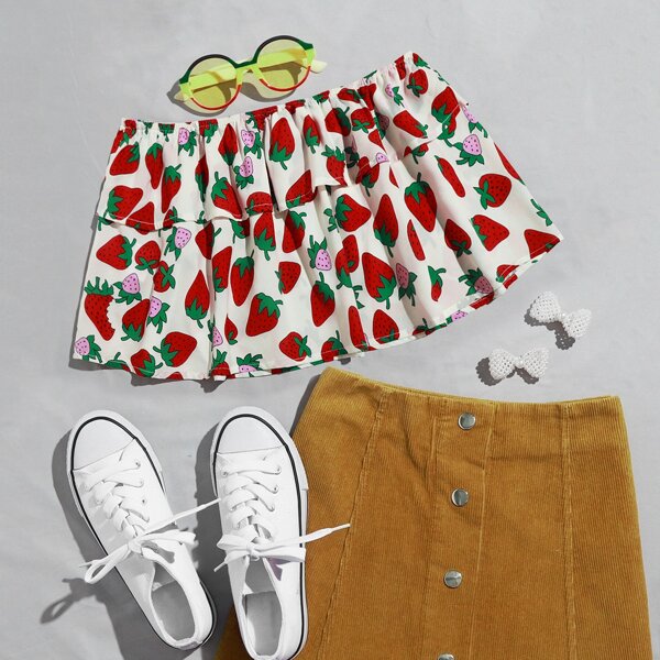 

Ruffle Trim Strawberry Print Tube Top, White