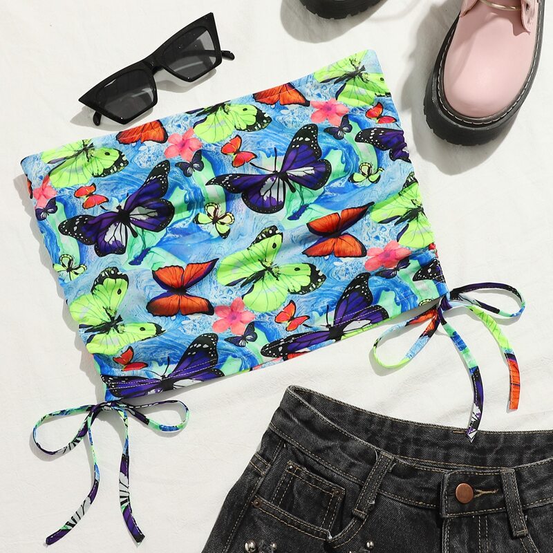 

Butterfly Print Drawstring Side Crop Tube Top, Multicolor