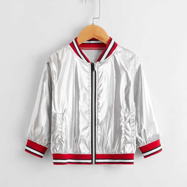 

Toddler Boys Striped Metallic Bomber Jacket, Silver