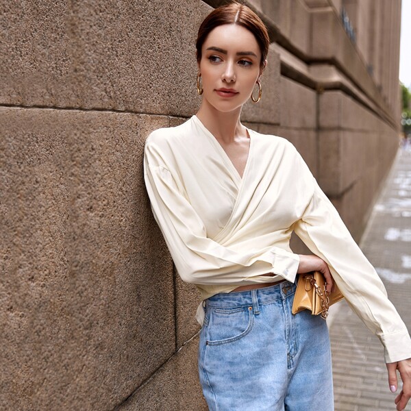 

Wrap Tie Back Drop Shoulder Top, Beige