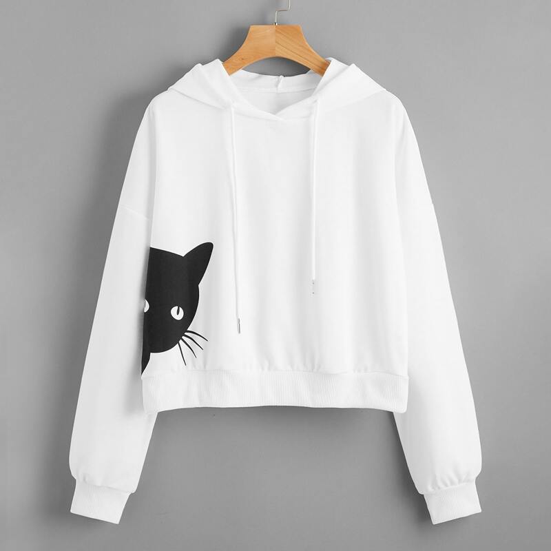 

Cat Print Drawstring Hoodie, White