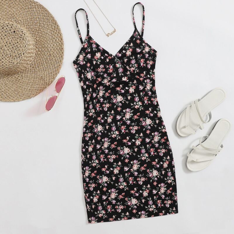 

Surplice Neck Floral Bodycon Dress, Black