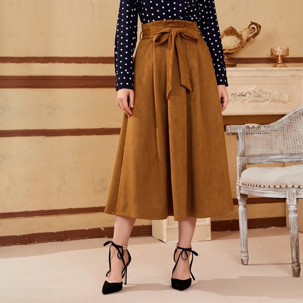 

Paperbag Waist Self Belted Suede Skirt, Brown