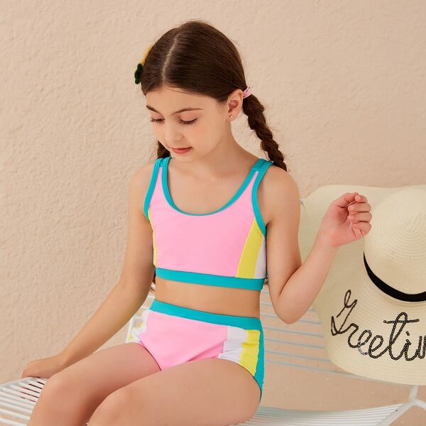 

Girls Color Block High Waisted Bikini Swimsuit, Multicolor