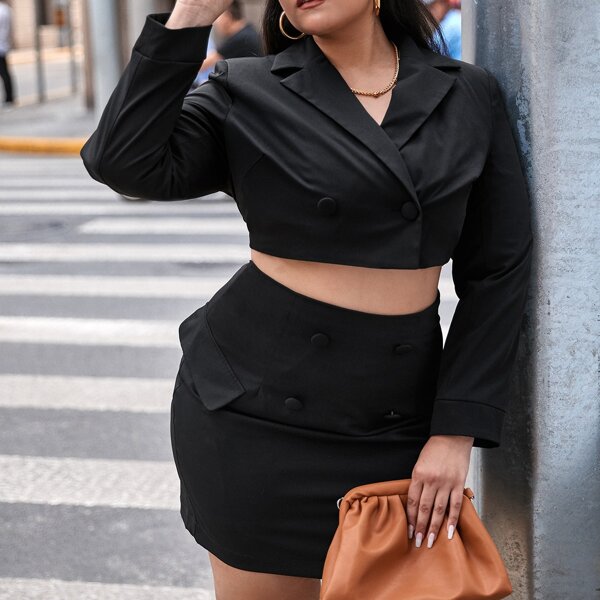 

Plus Double Button Crop Blazer and Flap Detail Skirt Set, Black