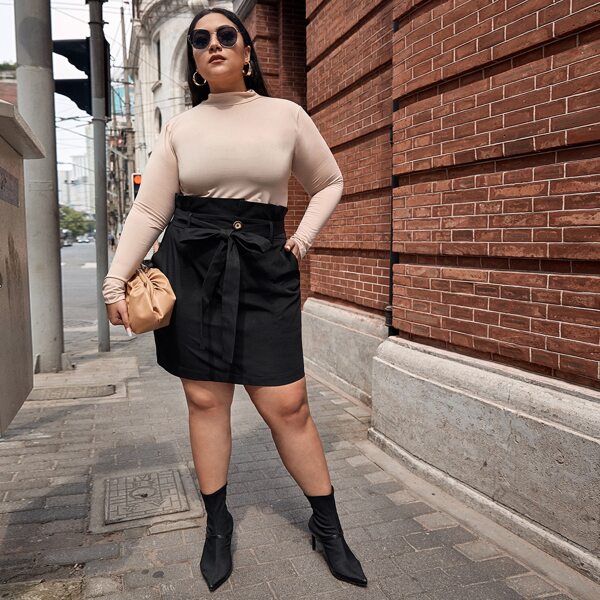 

Plus Paperbag Waist Slant Pocket Self Belted Skirt, Black