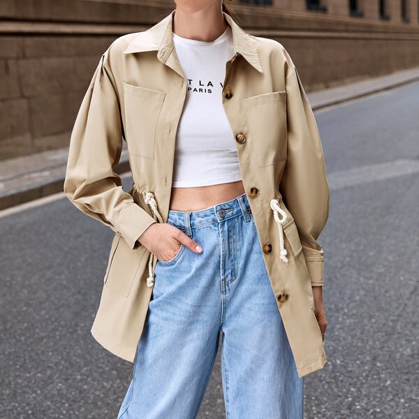 

Button Front Drawstring Waist Coat, Khaki