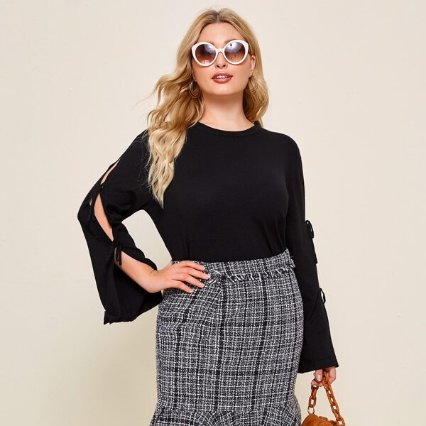 

Plus Knot Bell Sleeve Solid Sweater, Black