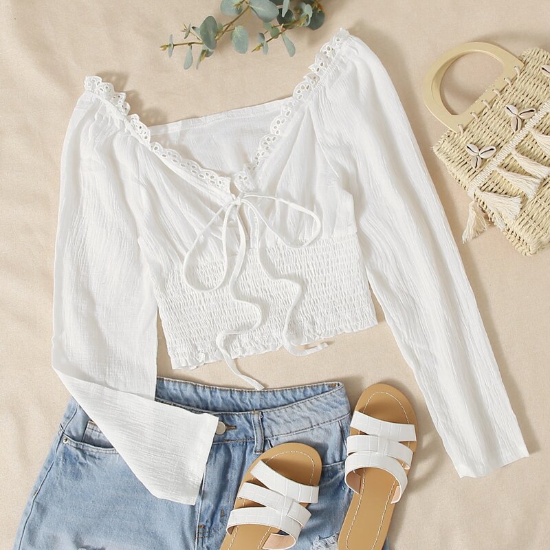 

Lace Trim Shirred Tie Front Blouse, White