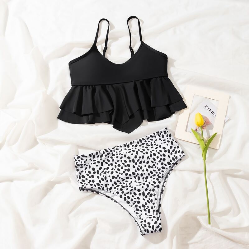 

Dalmatian Ruffle Hem High Waisted Bikini Swimsuit, Black and white