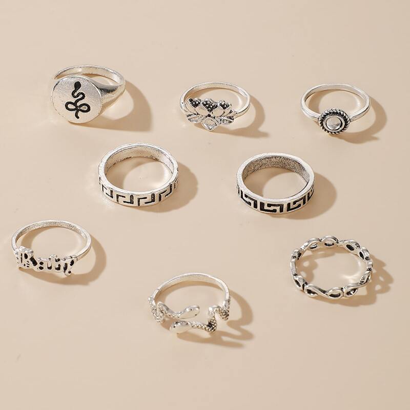 

8pcs Flower Snake Decor Metal Ring, Silver