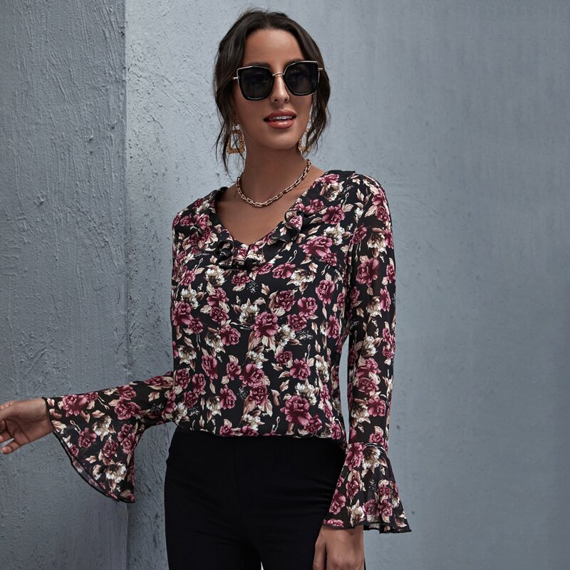 

Ruffle Trim Allover Floral Print Top, Multicolor