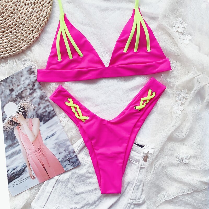

Triangle Halter High Cut Bikini Swimsuit, Hot pink bright