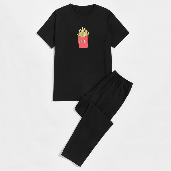 

Men French Fries Print Tee And Pants PJ Set, Black