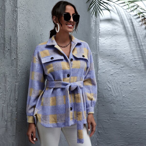 

Button Front Belted Gingham Coat, Multicolor