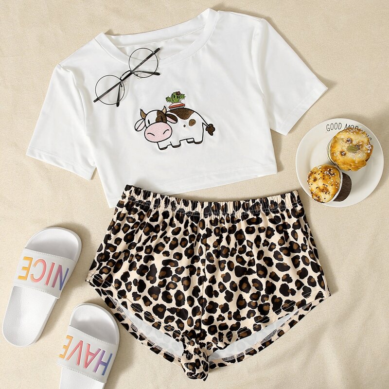 

Cartoon Cow And Leopard Print PJ Set, Multicolor