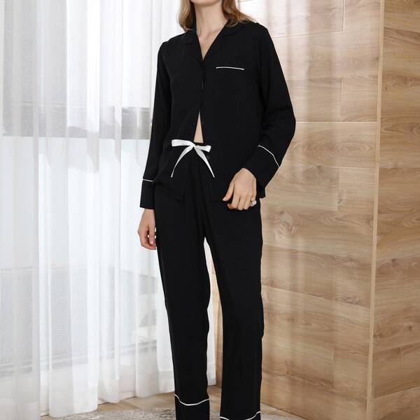 

Lapel Collar Tie Front Pajama Set, Black
