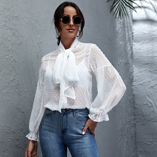 

Tie Neck Swiss Dot Top, White