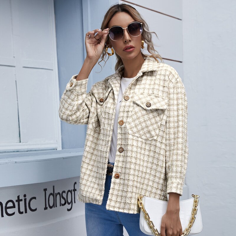 

Plaid Flap Pocket Tweed Jacket, Beige