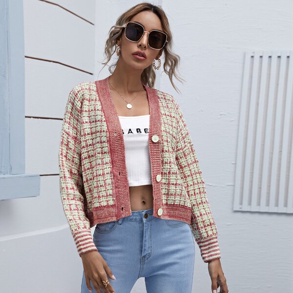 

Plaid Button Front Drop Shoulder Cardigan, Multicolor