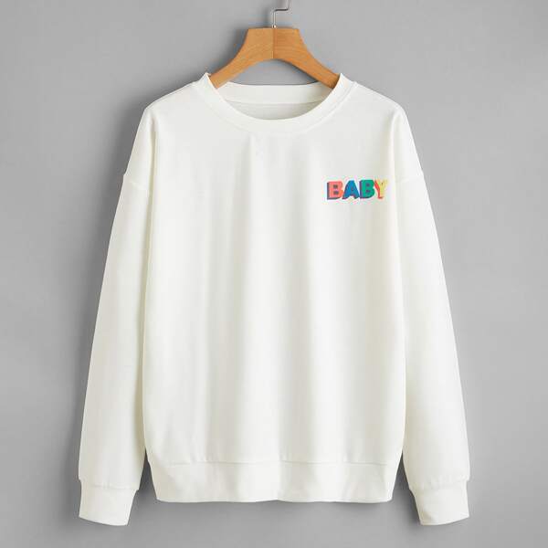

Drop Shoulder Letter Graphic Pullover, White